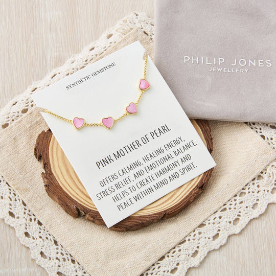 18k Gold Plated Pink Mother Of Pearl Gemstone Multi Heart Friendship Slider Bracelet with Quote Card - Philip Jones Jewellery