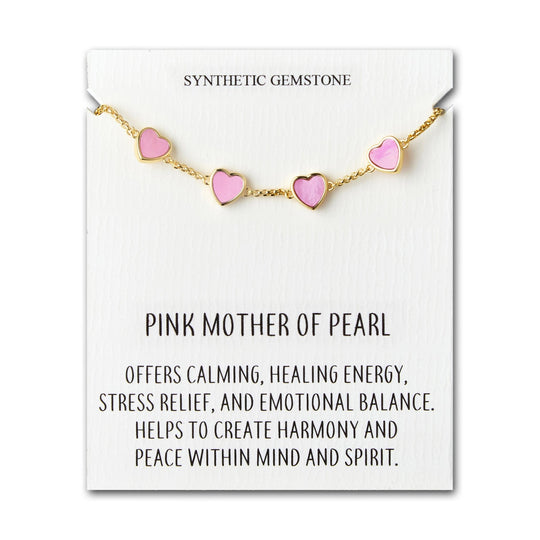 18k Gold Plated Pink Mother Of Pearl Gemstone Multi Heart Friendship Slider Bracelet with Quote Card - Philip Jones Jewellery