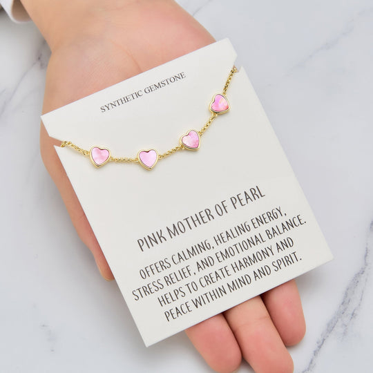 18k Gold Plated Pink Mother Of Pearl Gemstone Multi Heart Friendship Slider Bracelet with Quote Card - Philip Jones Jewellery
