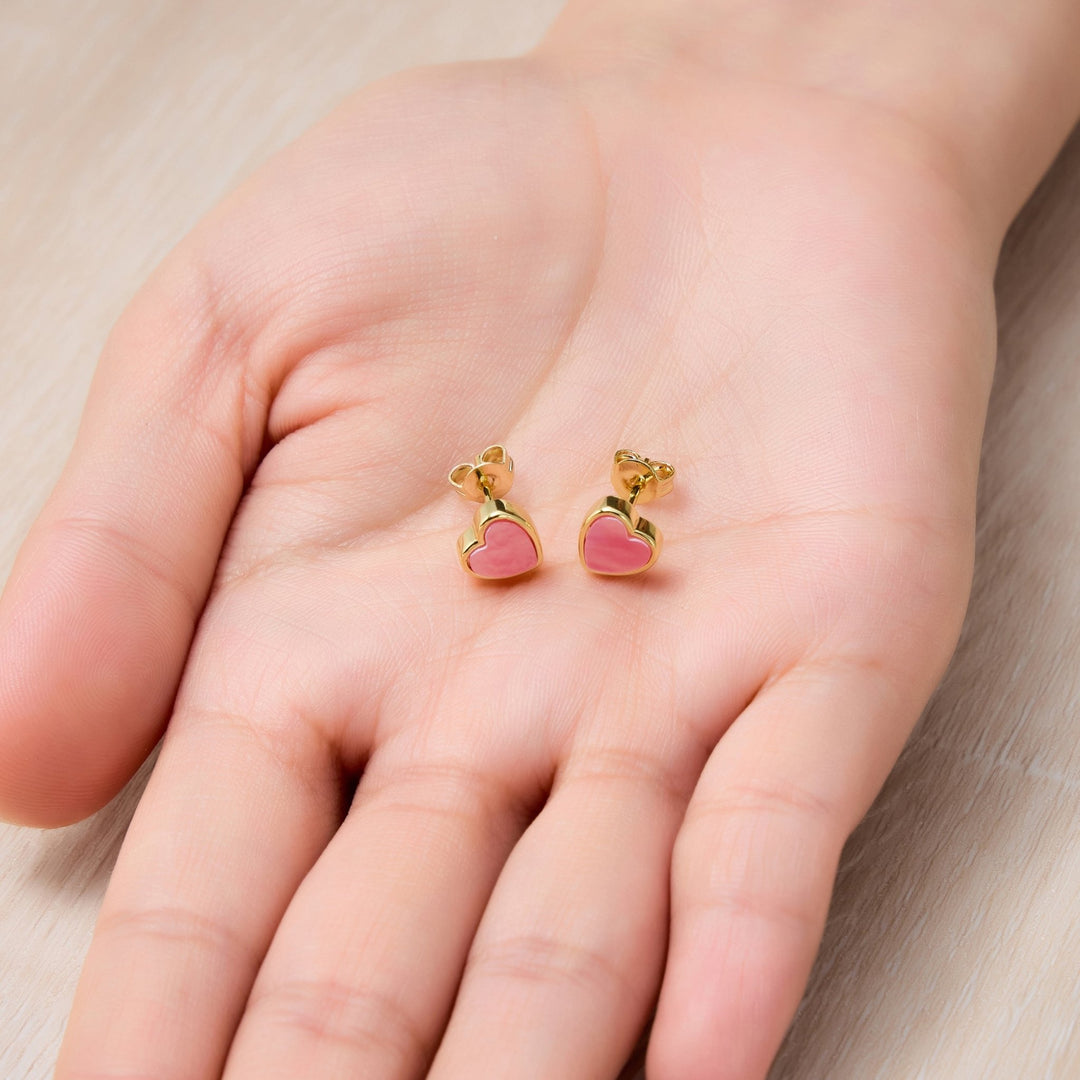 18k Gold Plated Pink Mother of Pearl Heart Stud Earrings - Philip Jones Jewellery