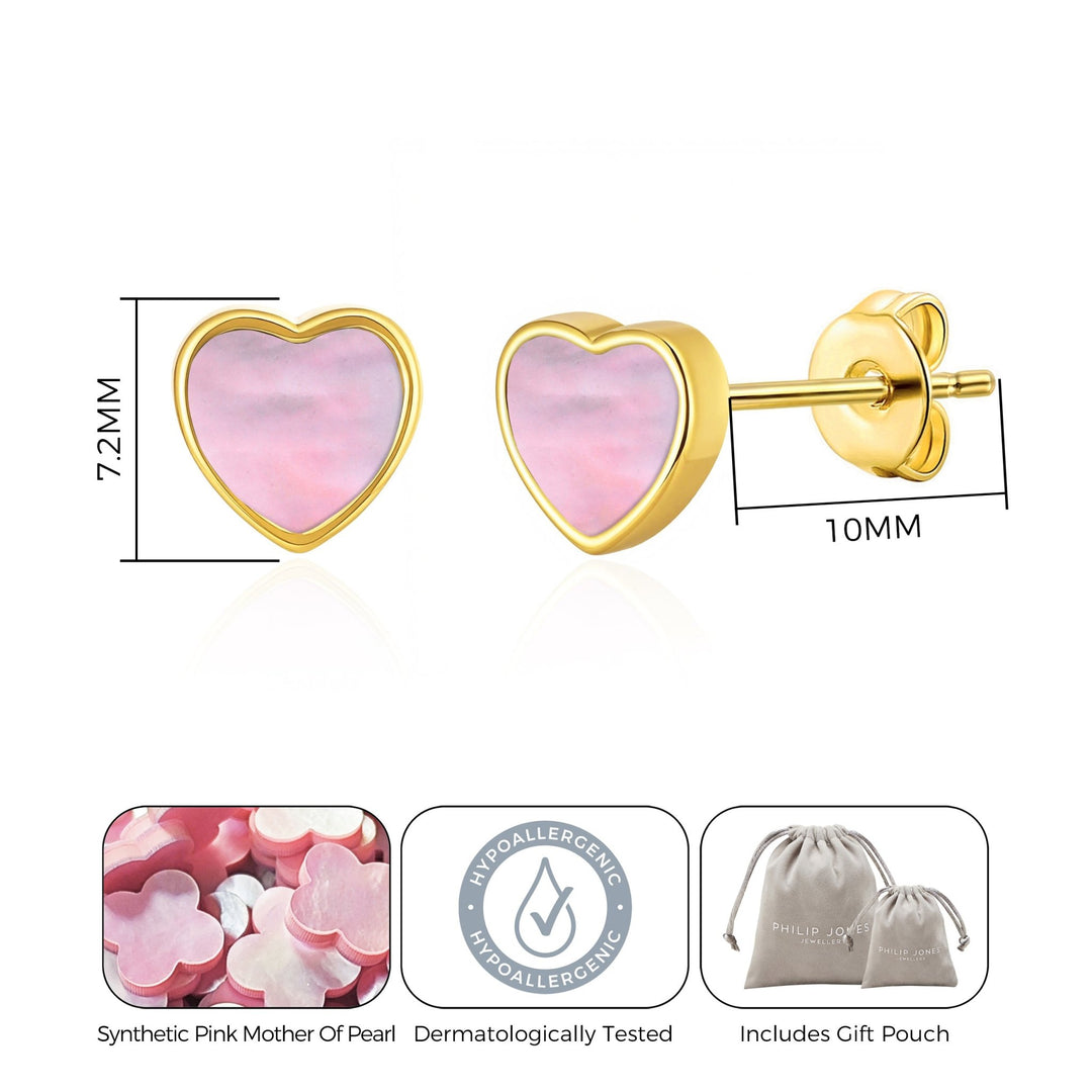 18k Gold Plated Pink Mother of Pearl Heart Stud Earrings - Philip Jones Jewellery