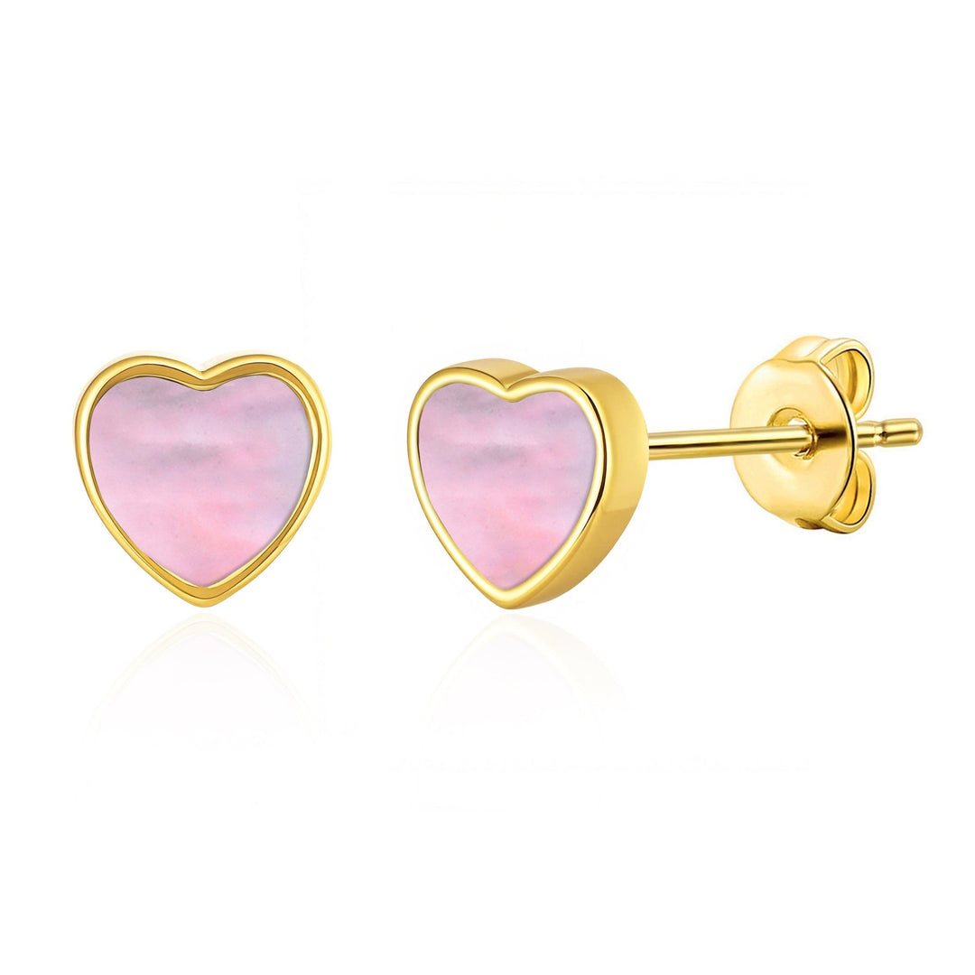 18k Gold Plated Pink Mother of Pearl Heart Stud Earrings - Philip Jones Jewellery