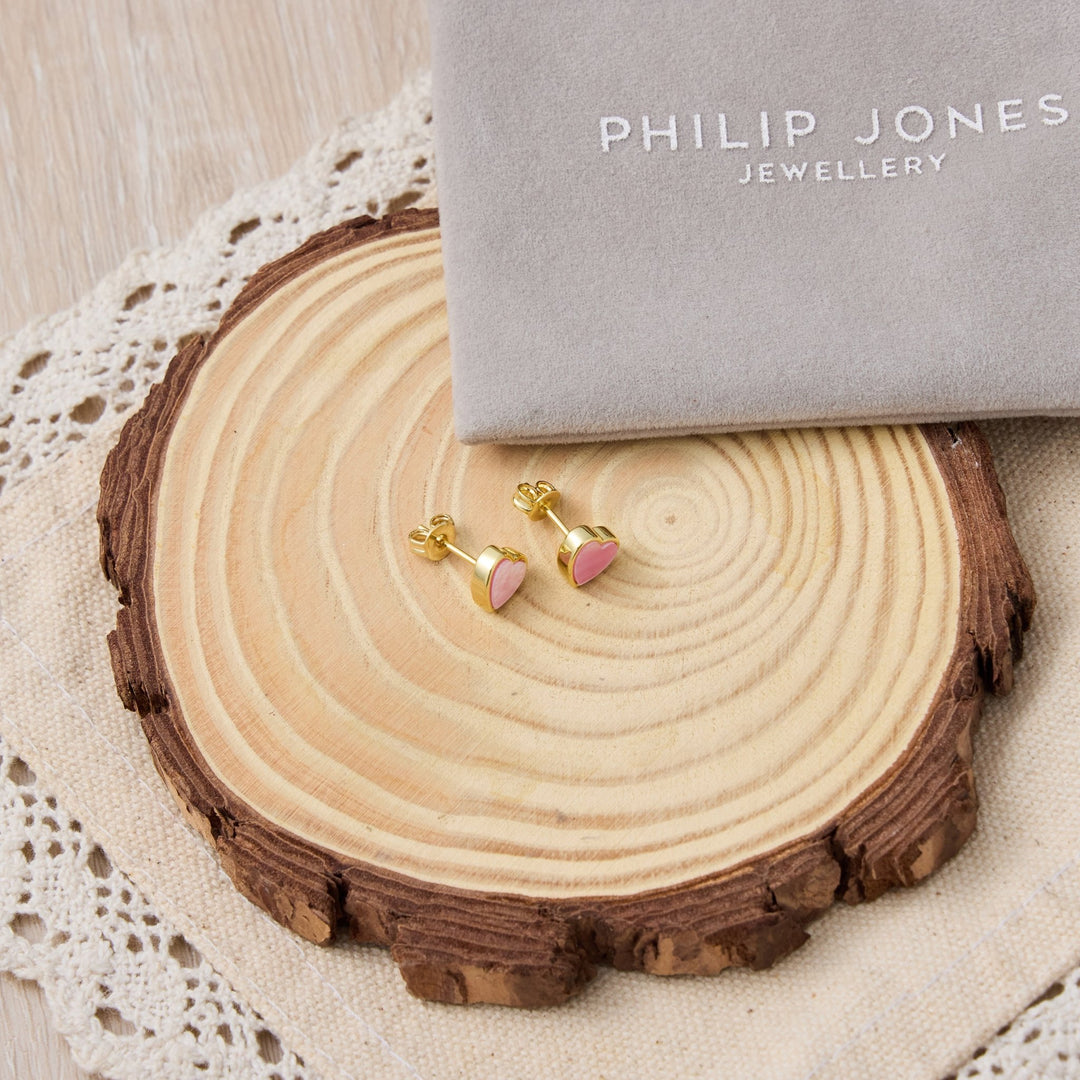 18k Gold Plated Pink Mother of Pearl Heart Stud Earrings - Philip Jones Jewellery