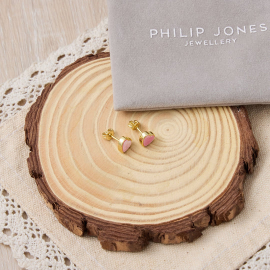 18k Gold Plated Pink Mother of Pearl Heart Stud Earrings - Philip Jones Jewellery