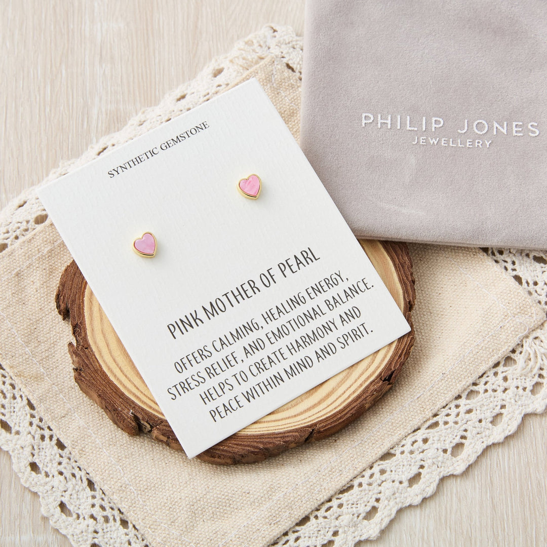 18k Gold Plated Pink Mother of Pearl Heart Stud Earrings with Quote Card - Philip Jones Jewellery