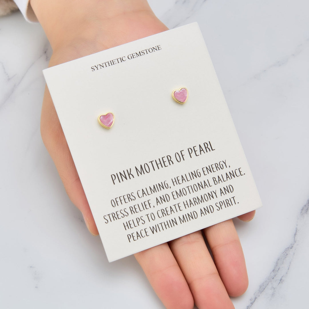 18k Gold Plated Pink Mother of Pearl Heart Stud Earrings with Quote Card - Philip Jones Jewellery