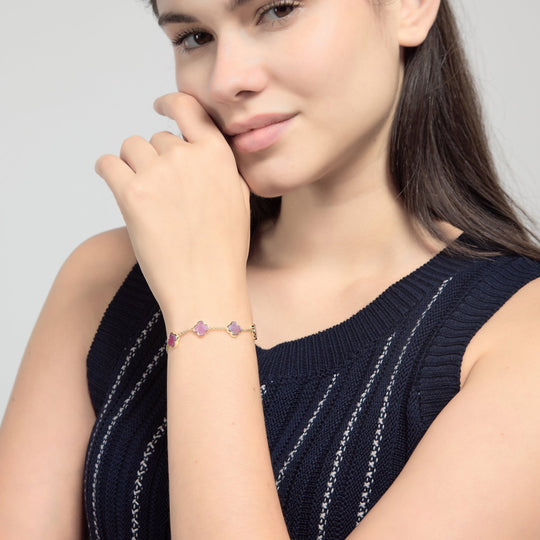 18k Gold Plated Pink Mother Of Pearl Multi Clover Friendship Slider Bracelet
