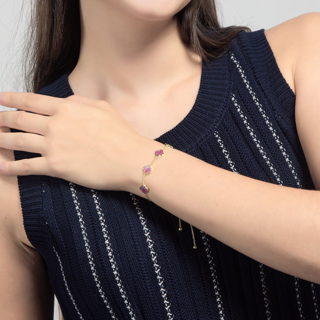 18k Gold Plated Pink Mother Of Pearl Multi Clover Friendship Slider Bracelet