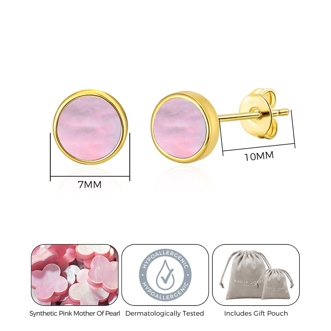 18k Gold Plated Pink Mother of Pearl Stud Earrings - Philip Jones Jewellery