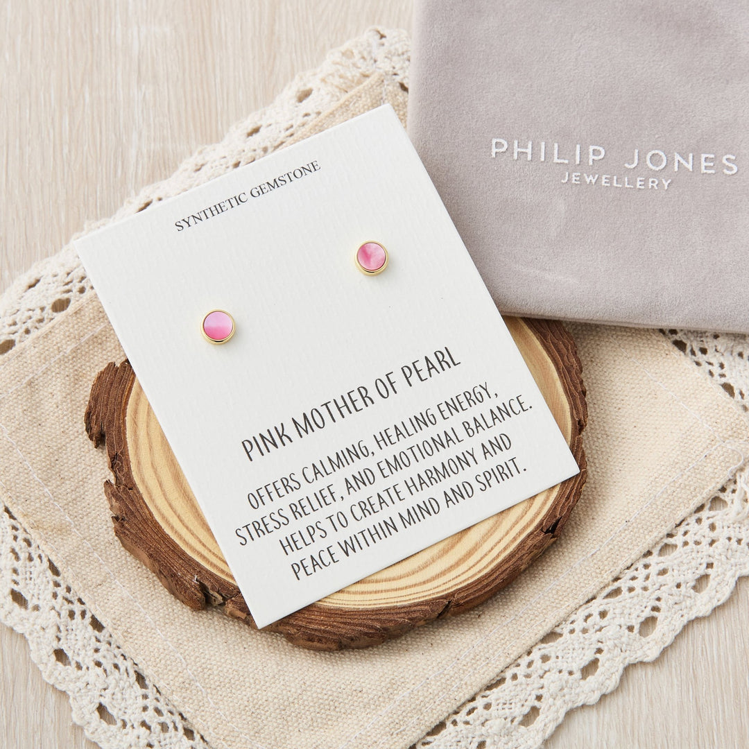 18k Gold Plated Pink Mother of Pearl Stud Earrings with Quote Card - Philip Jones Jewellery
