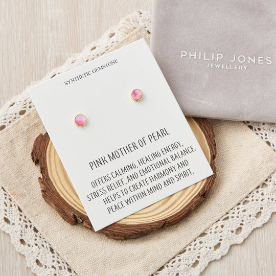 18k Gold Plated Pink Mother of Pearl Stud Earrings with Quote Card - Philip Jones Jewellery