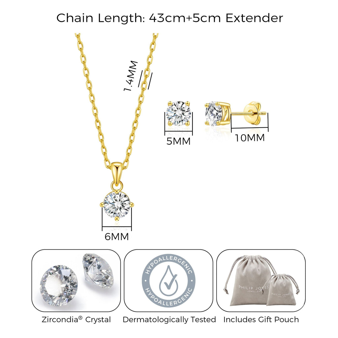 18k Gold Plated Round Solitaire Bridal Set Created with Zircondia® Crystals - Philip Jones Jewellery