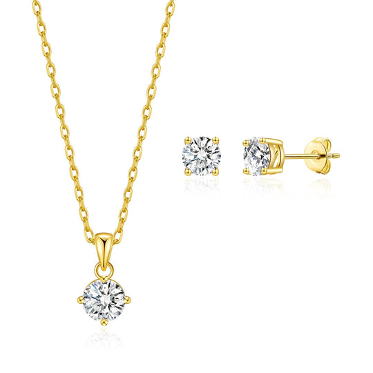 18k Gold Plated Round Solitaire Set Created with Zircondia® Crystals - Philip Jones Jewellery