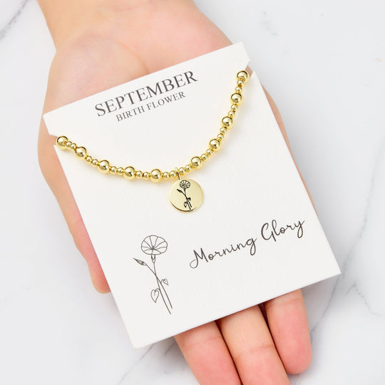 18k Gold Plated September Birth Flower Morning Glory Beaded Stretch Bracelet with Card