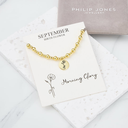 18k Gold Plated September Birth Flower Morning Glory Beaded Stretch Bracelet with Card