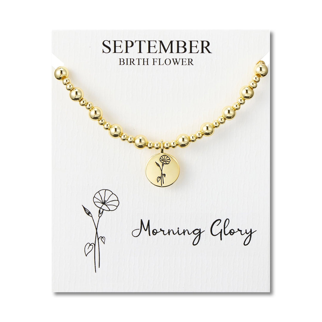 18k Gold Plated September Birth Flower Morning Glory Beaded Stretch Bracelet with Card - Philip Jones