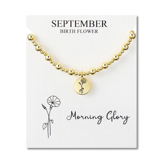 18k Gold Plated September Birth Flower Morning Glory Beaded Stretch Bracelet with Card - Philip Jones