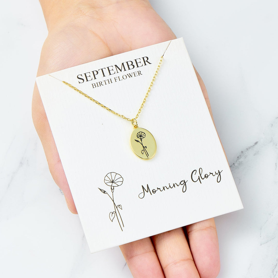 18k Gold Plated September Birth Flower Morning Glory Necklace with Card
