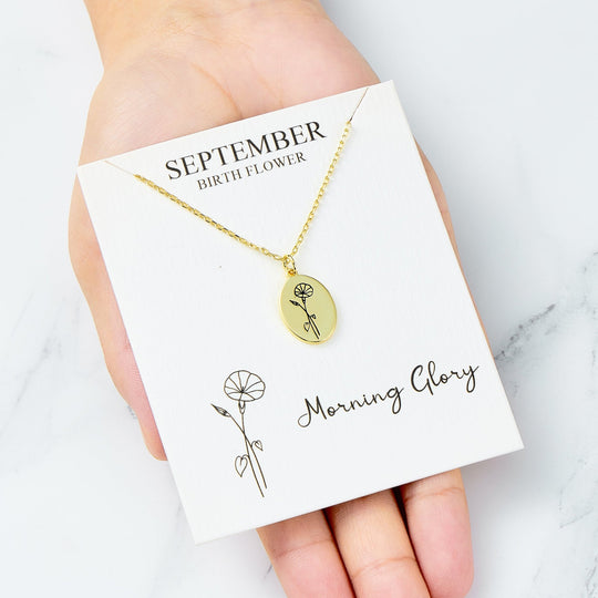 18k Gold Plated September Birth Flower Morning Glory Necklace with Card