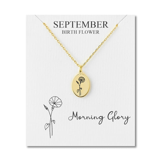 18k Gold Plated September Birth Flower Morning Glory Necklace with Card
