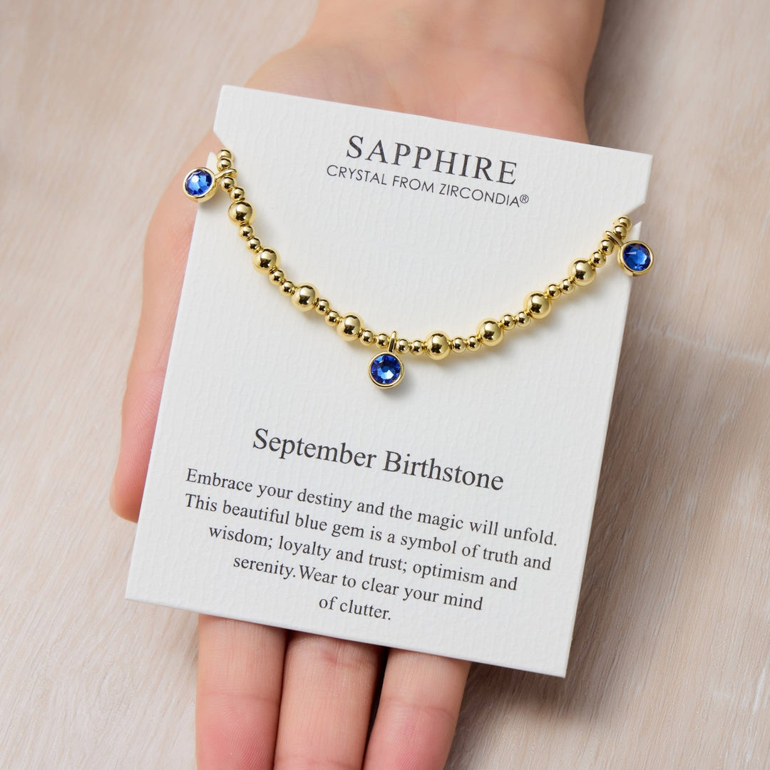 18k Gold Plated September (Sapphire) Birthstone Stretch Charm Bracelet with Quote Card - Philip Jones Jewellery