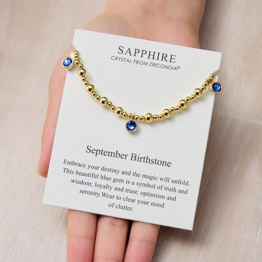 18k Gold Plated September (Sapphire) Birthstone Stretch Charm Bracelet with Quote Card - Philip Jones Jewellery