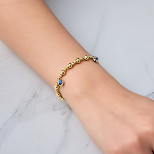 18k Gold Plated September (Sapphire) Birthstone Stretch Charm Bracelet with Quote Card - Philip Jones Jewellery