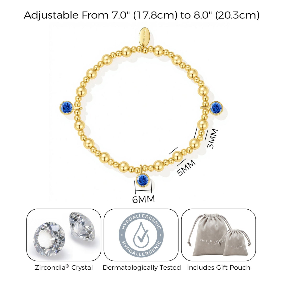 18k Gold Plated September (Sapphire) Birthstone Stretch Charm Bracelet with Quote Card - Philip Jones Jewellery
