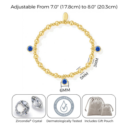 18k Gold Plated September (Sapphire) Birthstone Stretch Charm Bracelet with Quote Card - Philip Jones Jewellery