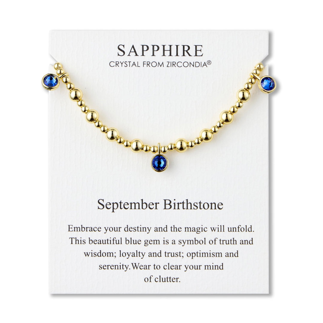 18k Gold Plated September (Sapphire) Birthstone Stretch Charm Bracelet with Quote Card - Philip Jones Jewellery