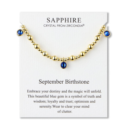18k Gold Plated September (Sapphire) Birthstone Stretch Charm Bracelet with Quote Card - Philip Jones Jewellery