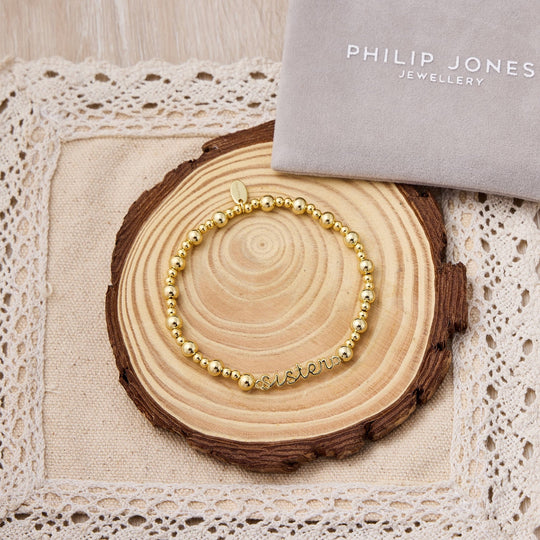 18k Gold Plated Sister Beaded Stretch Bracelet - Philip Jones Jewellery