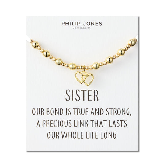 18k Gold Plated Sister Heart Link Beaded Stretch Bracelet with Quote Card