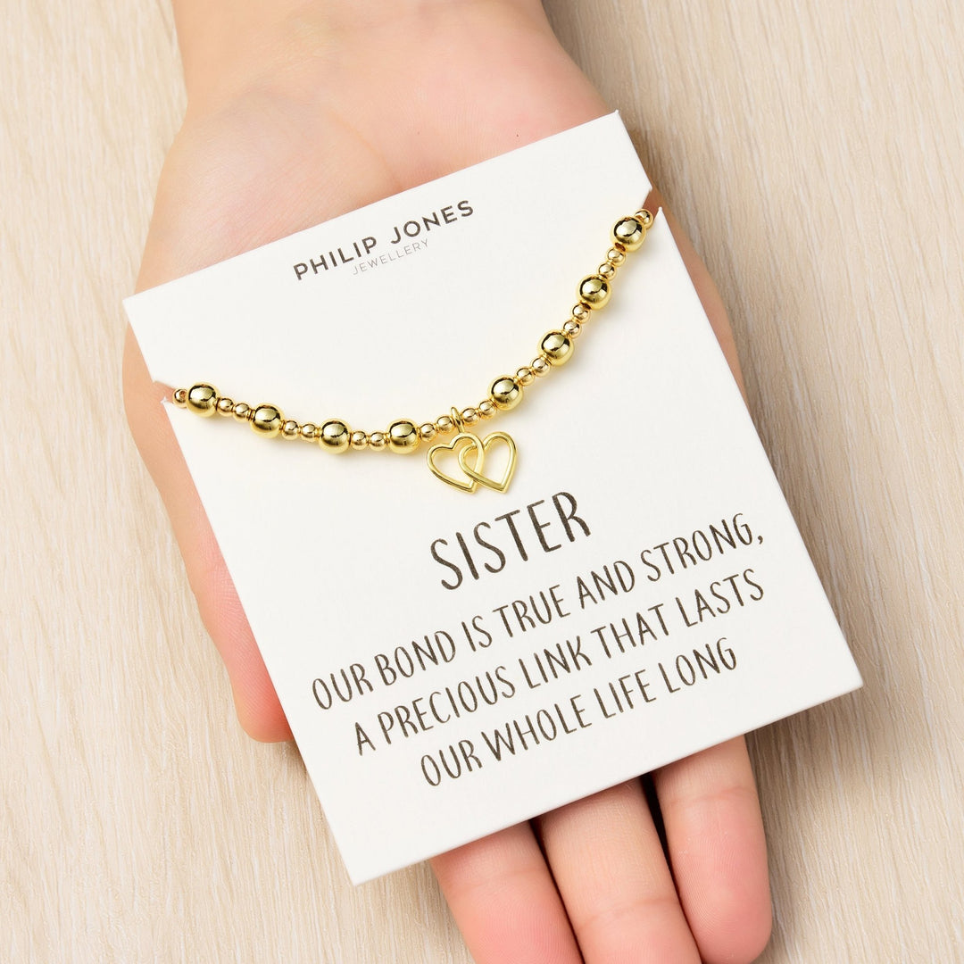 18k Gold Plated Sister Heart Link Beaded Stretch Bracelet with Quote Card