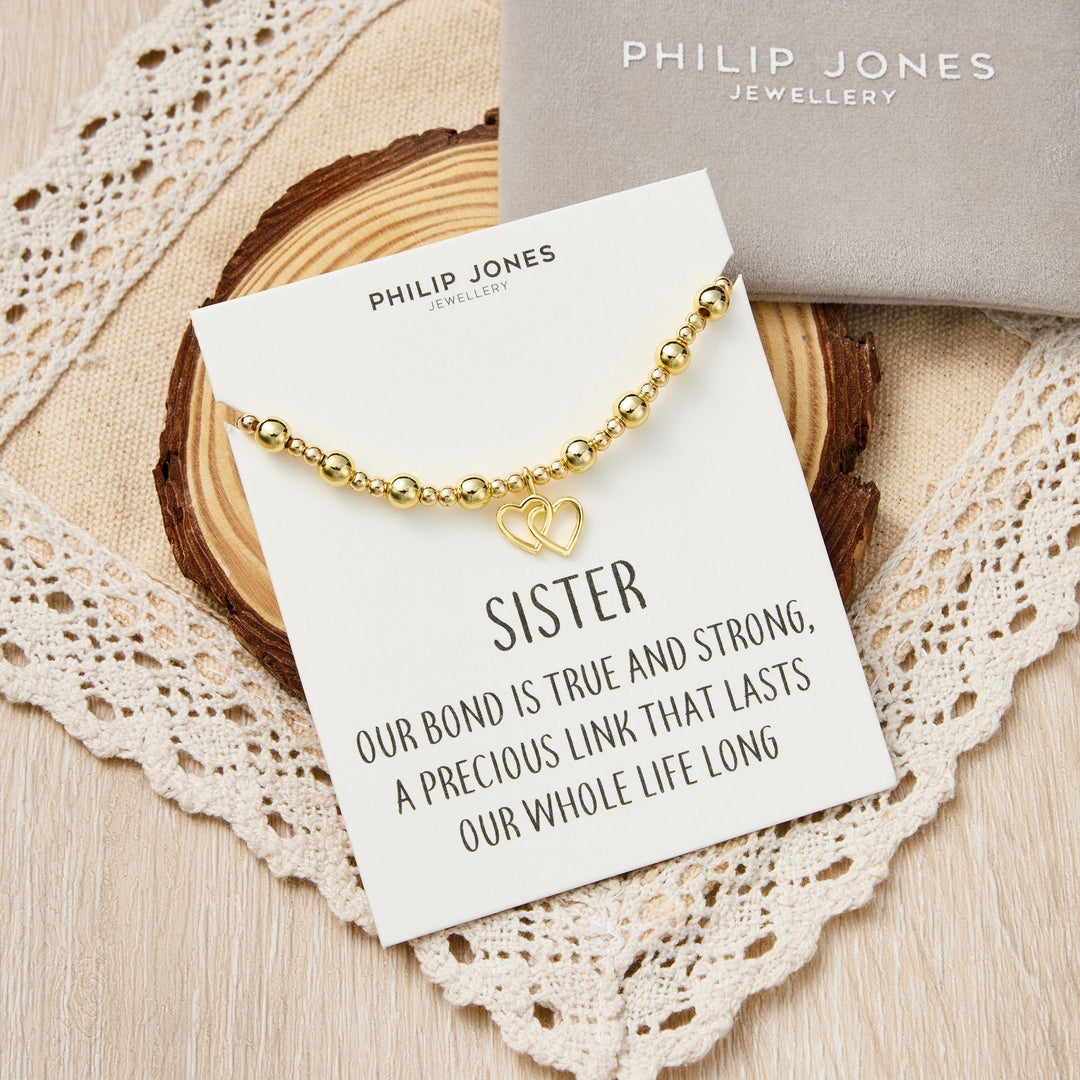 18k Gold Plated Sister Heart Link Beaded Stretch Bracelet with Quote Card