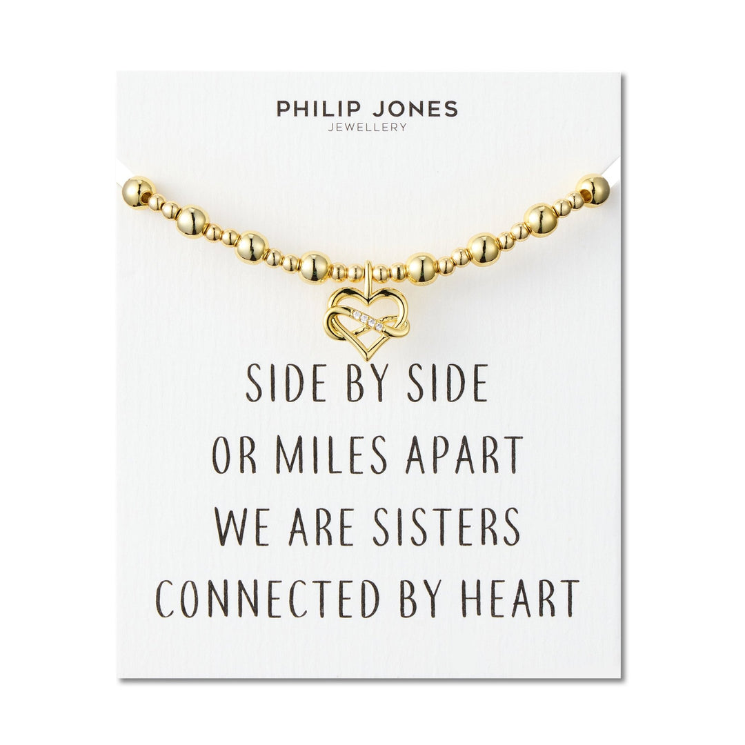 18k Gold Plated Sister Infinity Heart Beaded Stretch Bracelet with Quote Card - Philip Jones