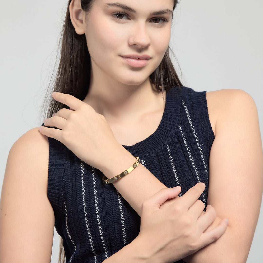 18k Gold Plated Stud Bangle Created with Zircondia® Crystals (7 Inch)