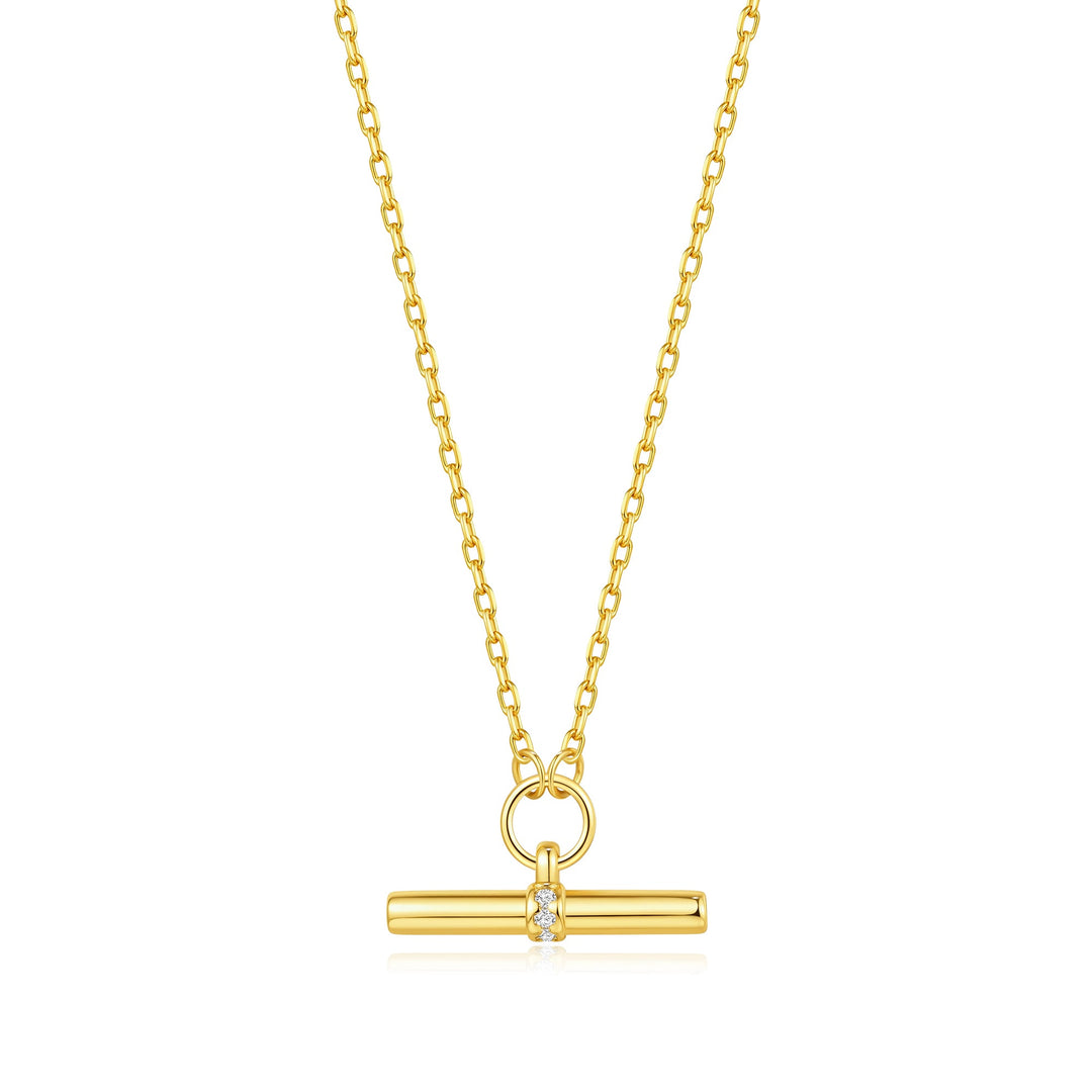18k Gold Plated T-Bar Necklace Created with Zircondia® Crystals - Philip Jones Jewellery