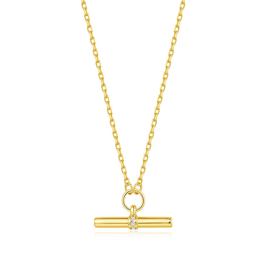 18k Gold Plated T-Bar Necklace Created with Zircondia® Crystals - Philip Jones Jewellery