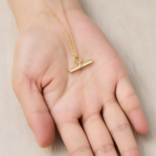 18k Gold Plated T-Bar Necklace Created with Zircondia® Crystals - Philip Jones Jewellery