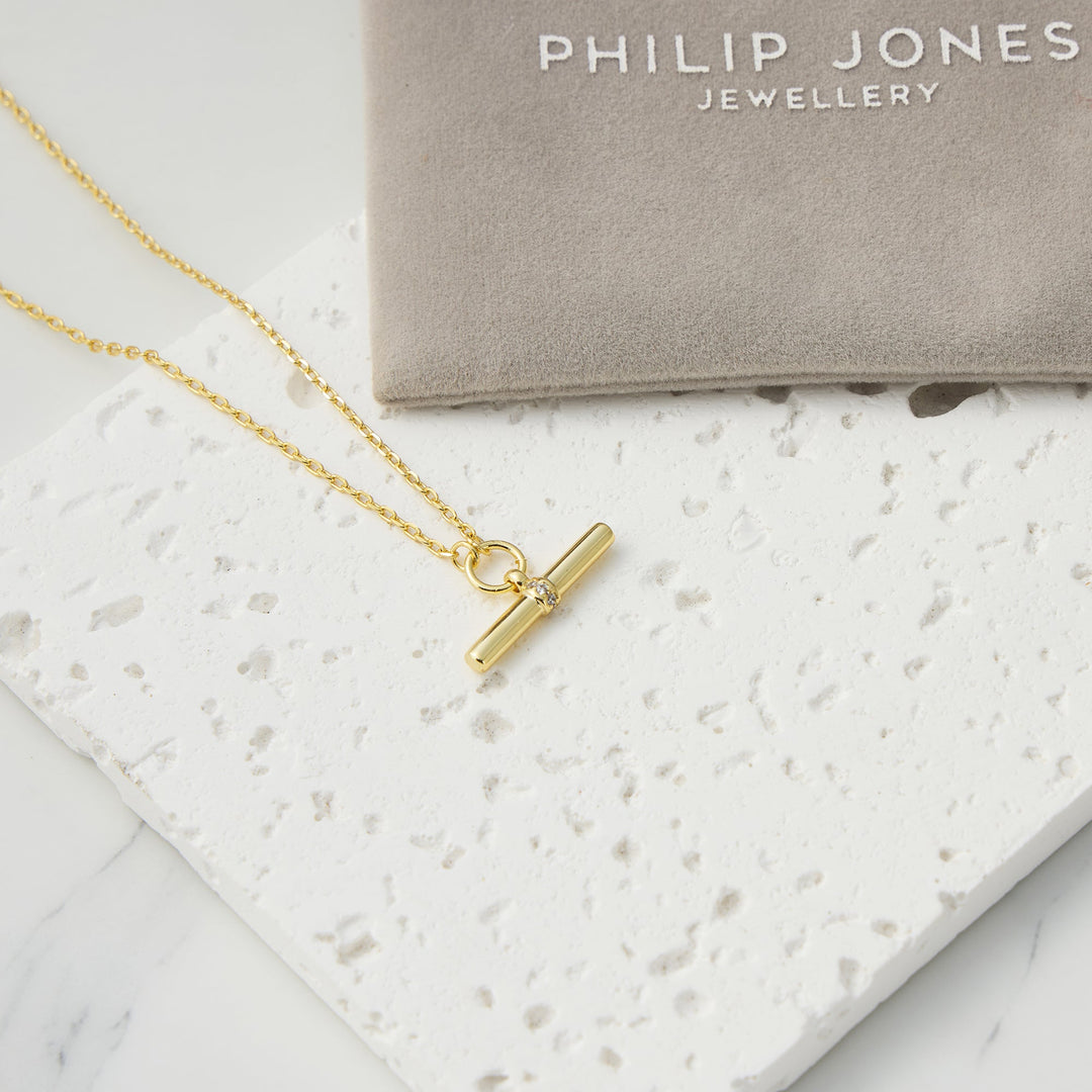 18k Gold Plated T-Bar Necklace Created with Zircondia® Crystals - Philip Jones Jewellery
