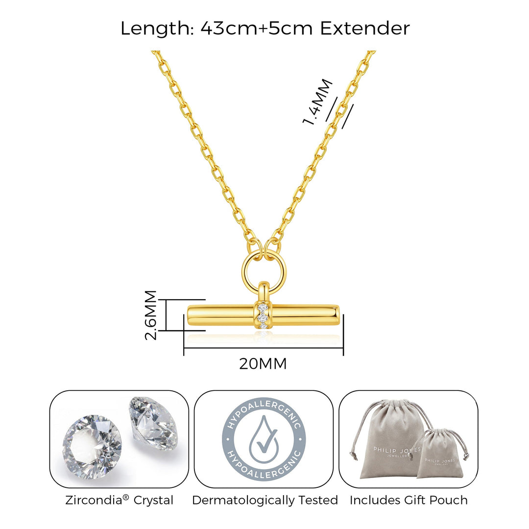 18k Gold Plated T-Bar Necklace Created with Zircondia® Crystals - Philip Jones Jewellery