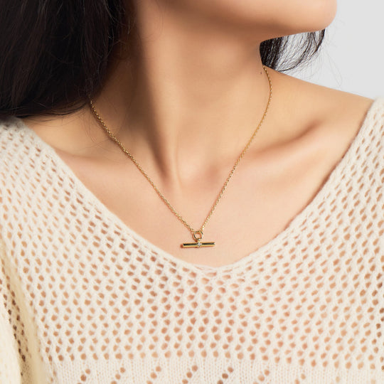 18k Gold Plated T-Bar Necklace Created with Zircondia® Crystals - Philip Jones Jewellery