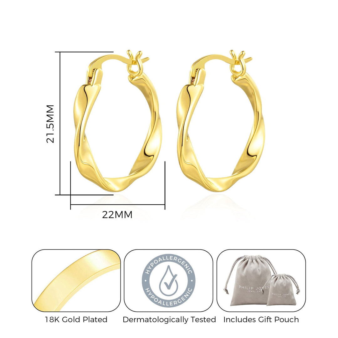 18k Gold Plated Twist Hoop Earrings - Philip Jones Jewellery
