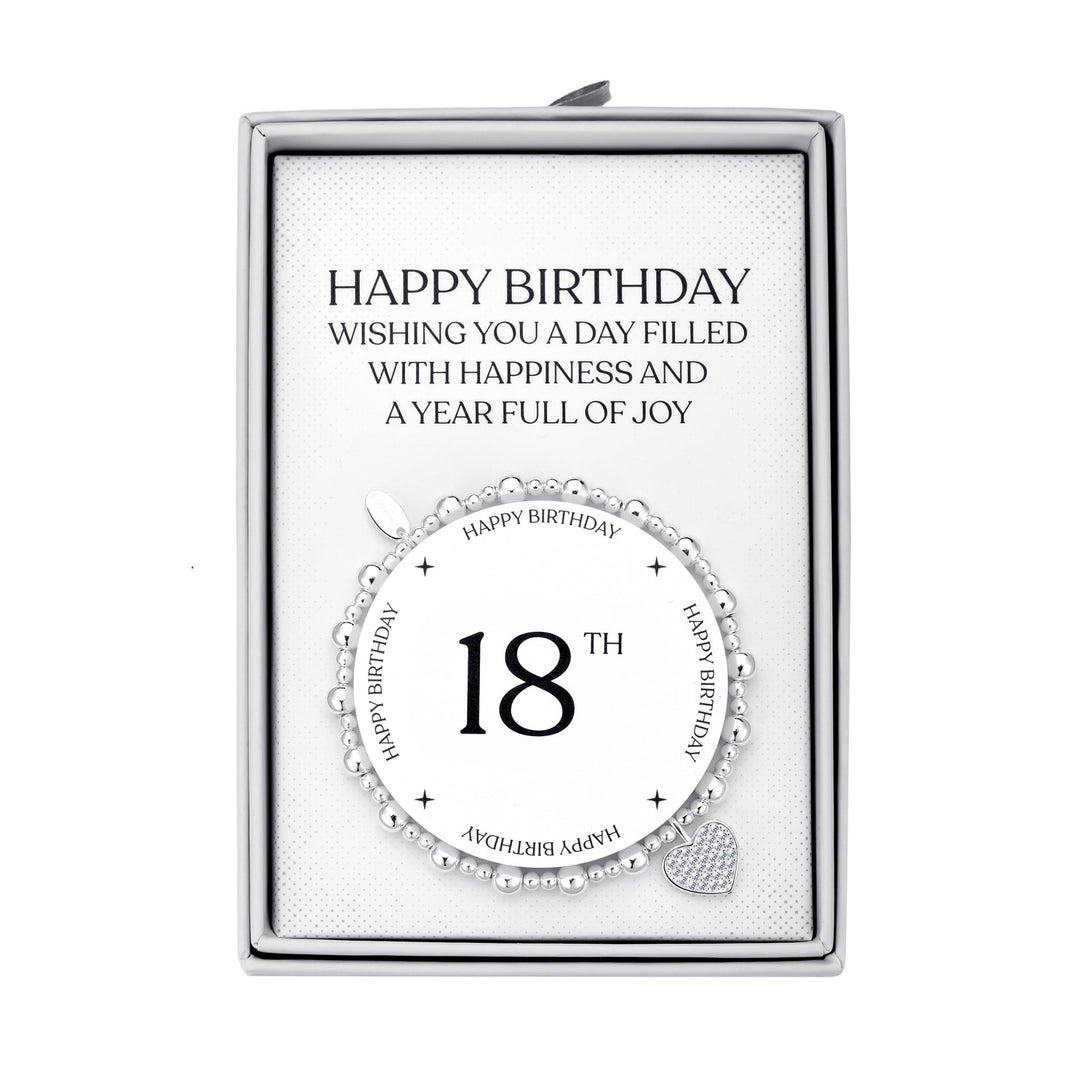 18th Birthday Heart Charm Stretch Bracelet with Quote Gift Box - Philip Jones Jewellery