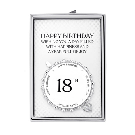18th Birthday Heart Charm Stretch Bracelet with Quote Gift Box - Philip Jones Jewellery