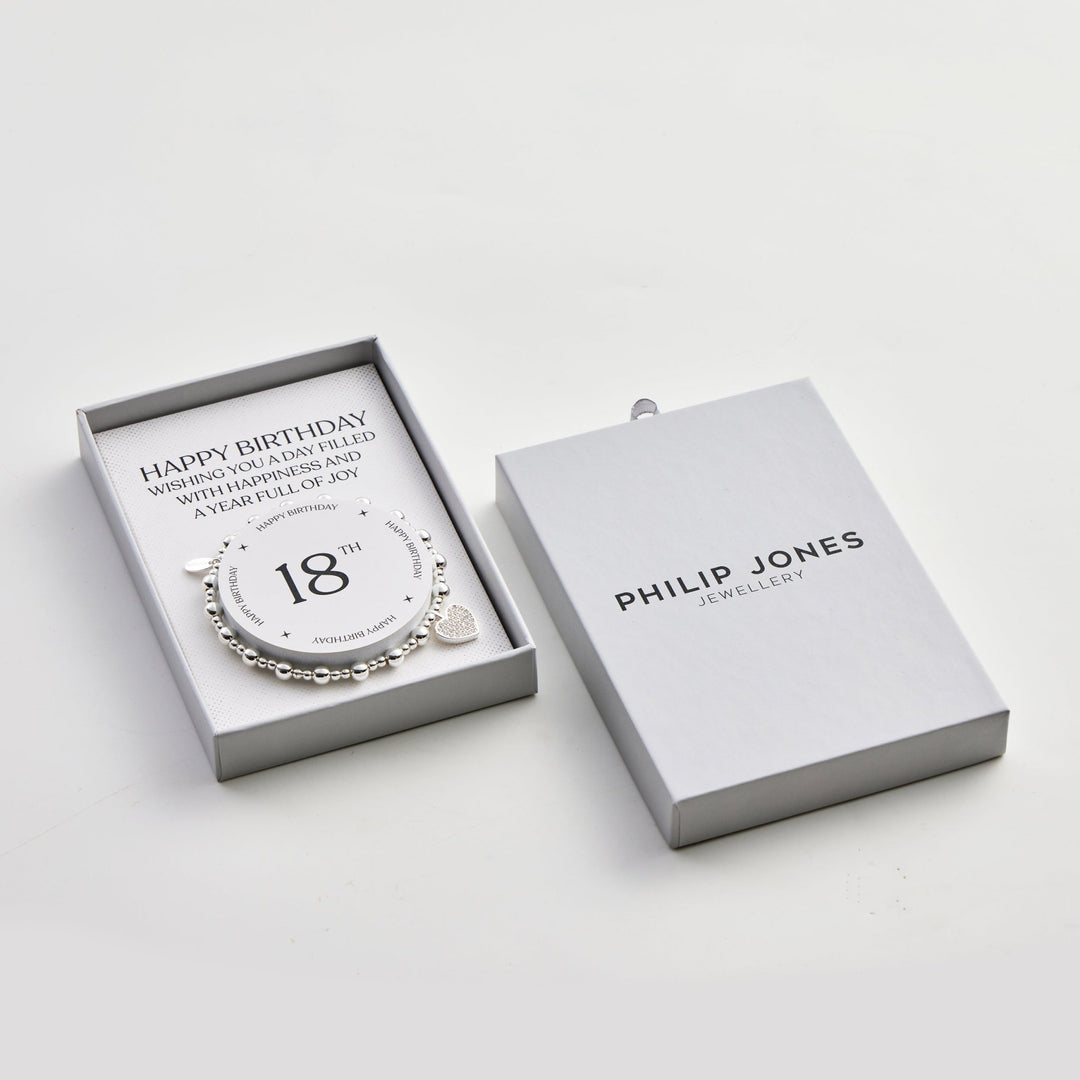 18th Birthday Heart Charm Stretch Bracelet with Quote Gift Box - Philip Jones Jewellery