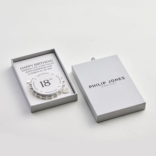 18th Birthday Heart Charm Stretch Bracelet with Quote Gift Box - Philip Jones Jewellery