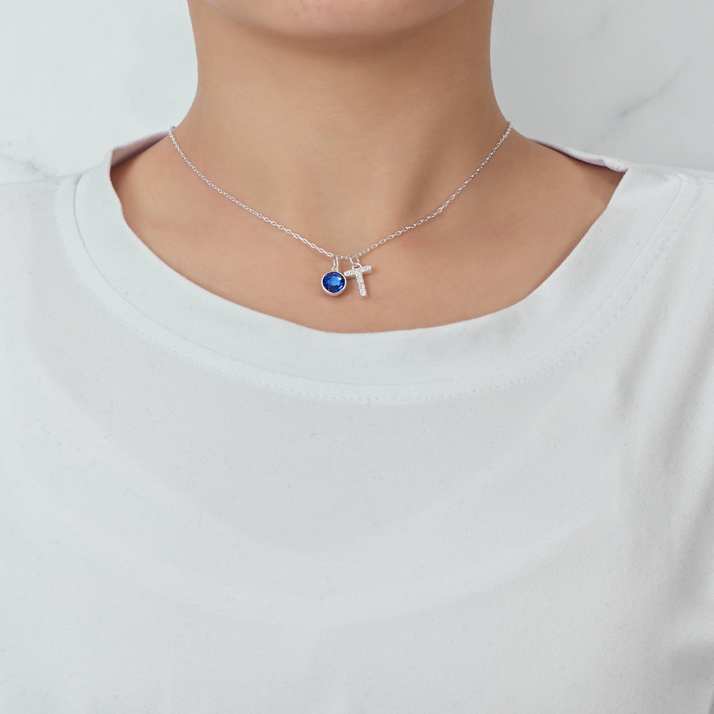 Pave Initial T Necklace with Birthstone Charm Created with Zircondia® Crystals