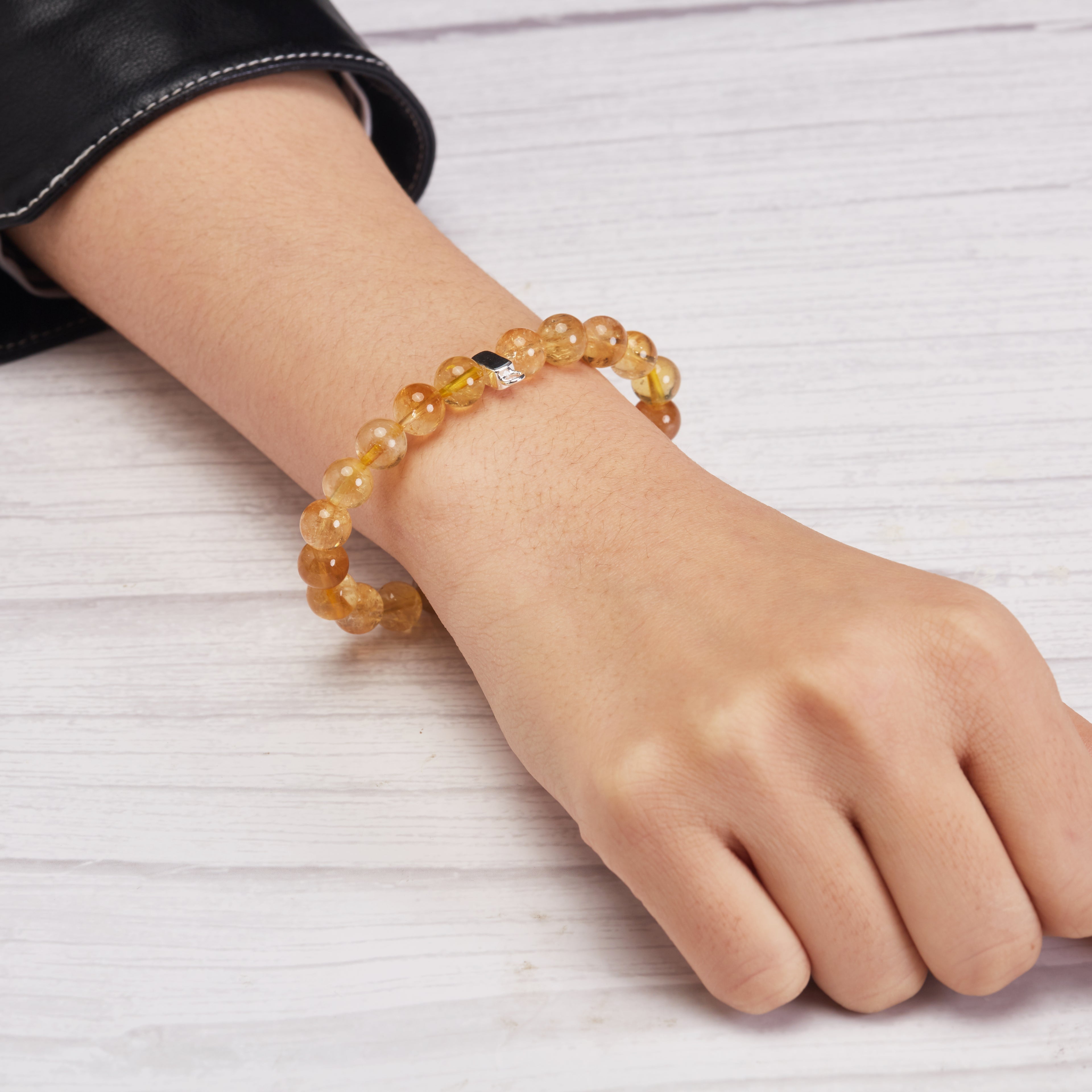 Yellow Quartz Gemstone Stretch Bracelet with Charm Created with Zircondia® Crystals